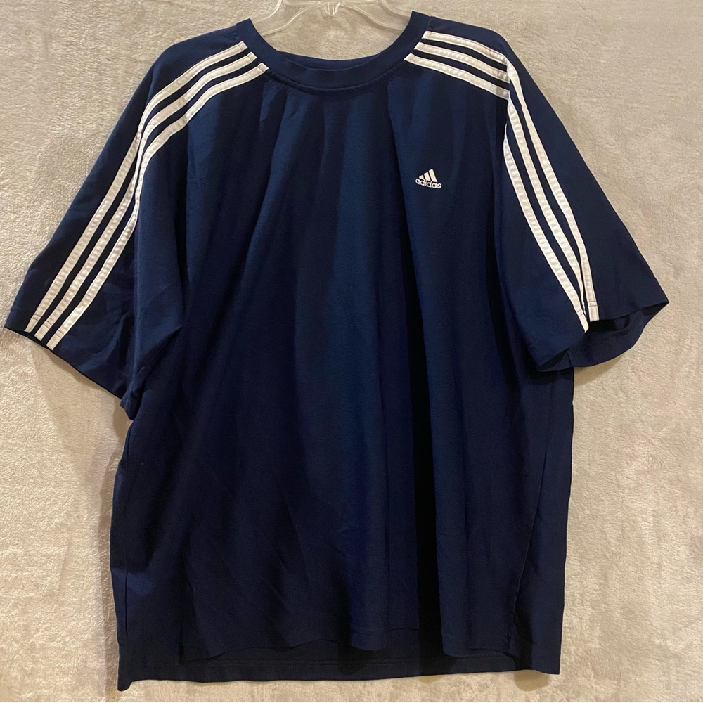 Adidas Shirt Mens 2XL Blue Short Sleeves Crewneck Stripes on Sleeves Climalite